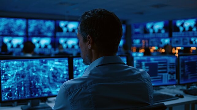 Cybersecurity analyst monitoring data streams in control room with multiple blue monitors