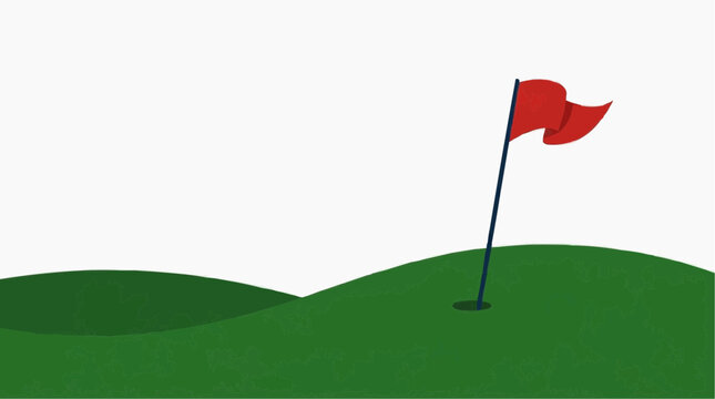Minimalist flat illustration of a golf course with a red flag on a pole marking the hole on a green hill Asian Games Concept, 2026