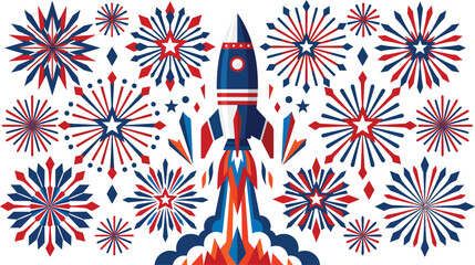 Vibrant vector illustration featuring a patriotic red white and blue rocket ship launching into space surrounded by decorative geometric firework explosions for a festive celebration of independence a © Saif