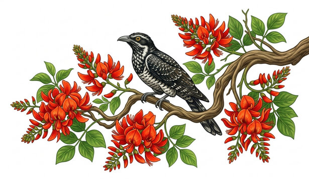 Realistic Koha Bird and Erabadu Blossoms for Sinhala Aluth Avurudu Vector Design