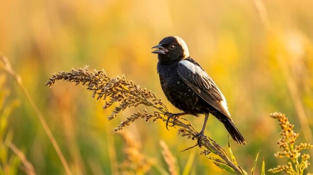 bobolink singing in midwest prairies usa close up golden light video