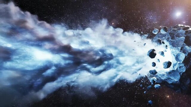 Massive asteroid floating in deep space with bright star light