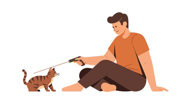 Man Playing with Tabby Cat Using Laser Pointer Toy Illustration