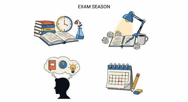 Colorful illustrations of objects for studying and time management