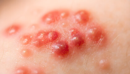Fototapeta premium Extreme close up of a cluster of red fluid-filled blisters on human skin, representing chickenpox, shingles, childhood measles virus infection symptoms, and dermatological skin disease.