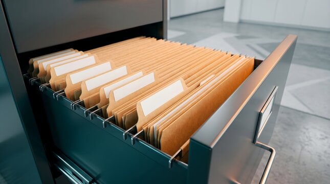 Open metal filing cabinet drawer with organized manila folders and blank white labels in a professional office setting business lifestyle concept