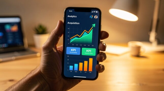 Hand holding smartphone displaying business analytics graph and KPIs