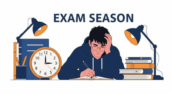 A stressed student studies for exams