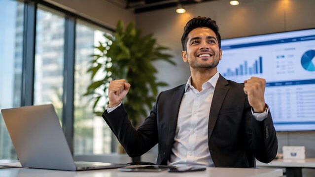 Successful businessman celebrating a win with fists pumped in modern office setting