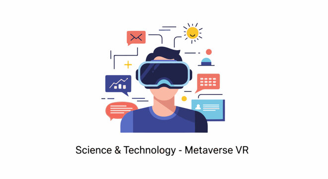 A person in VR headset with symbols