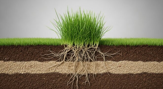 Lush Grass Tuft with a Deep, Intricate Root System Revealed in a Soil Cross-Section.