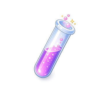 Magical purple potion in glass test tube with sparkling bubbles and glowing light effects for fantasy alchemy or scientific laboratory concepts isolated on a clean white background