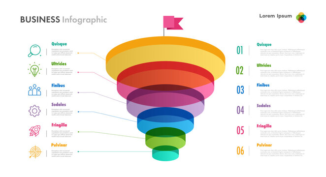 Funnel infographic circle 6 step 3d isometric glassmorphism for business strategy, start up project, presentation, theory basic operation, logic analysis vector