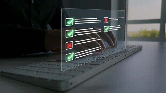 Businessman in computer doing online data documentation checklist survey. Fast checklist,clipboard task business management.Productivity checklist and filling survey form online.	
