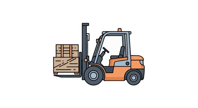 An orange forklift with a stack of wooden pallets on its forks