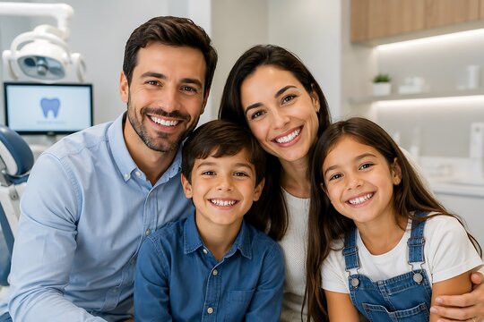 Happy family with perfect smiles at the dentist's office for a check-up