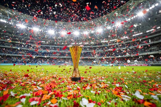 Golden trophy cup on football stadium grass field with falling confetti celebration, Champion gold trophy in crowded stadium under bright spotlights, victory celebration concept.