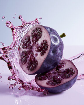 Purple Akebi fruit splash on studio background