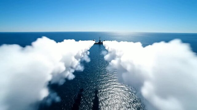 Naval missile launch test at sea: warship firing dual surface-to-air missiles with massive smoke trails in open ocean