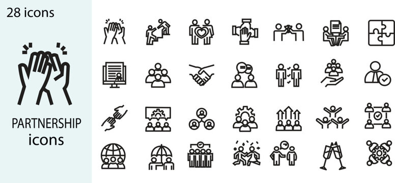 Partnership Web Icon Set in Linear Style. Friendship icon set. including agreement, plan, teamwork, synergy, success and win-win solution. Handshake icon set in outline,

