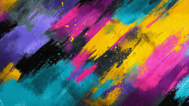 Vibrant bold multicolor brush strokes with dynamic splashes of yellow pink purple teal and black creating an energetic abstract background design