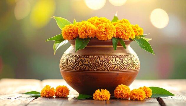 Close up of a beautifully decorated clay Bonam pot with fresh marigold flowers for Bonalu festival