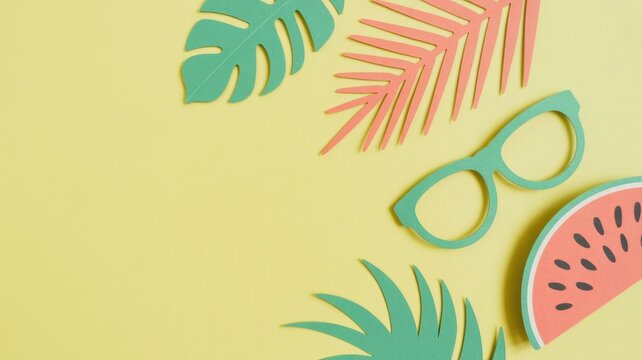 Watermelon Slice and Tropical Leaf Paper Cutout Set on Bright Yellow Background for Summer Design Ideas