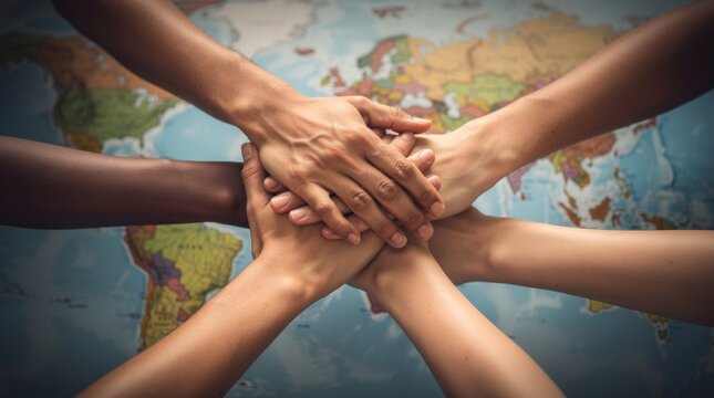 Diverse hands joined in unity on a world map