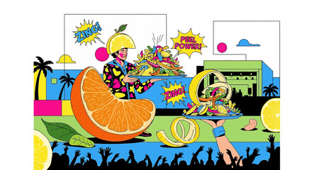Obraz premium Vibrant Fruit Feast: Oranges, Lemons, and Bananas with a Festive Crowd