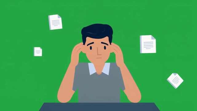 Stressed businessman overwhelmed with paperwork flat vector illustration, desk work stress concept icon, vector