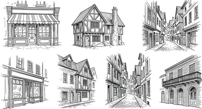 Retro monochrome medieval town building illustrations bundle with detailed engraving sketches of traditional cottage storefronts and rustic streetscapes for graphic design layout