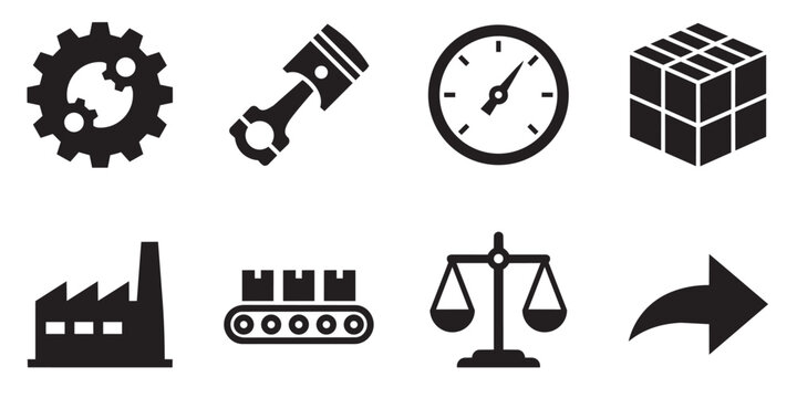 industry and manufacturing icon set. Minimalist factory gear, piston conveyor belts, and logistics elements.