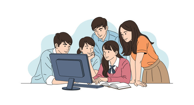 Diverse group of students gather around a computer monitor to study and collaborate on a project in a modern classroom.