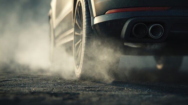 Sporty car's rear exhaust and wheel creating smoke on asphalt road during dynamic acceleration or burnout in a focused close-up action shot