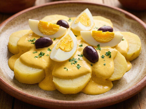 Papa a la huanca&iacute;na, a delicious Peruvian dish with boiled potatoes, egg, and olives. Traditional food