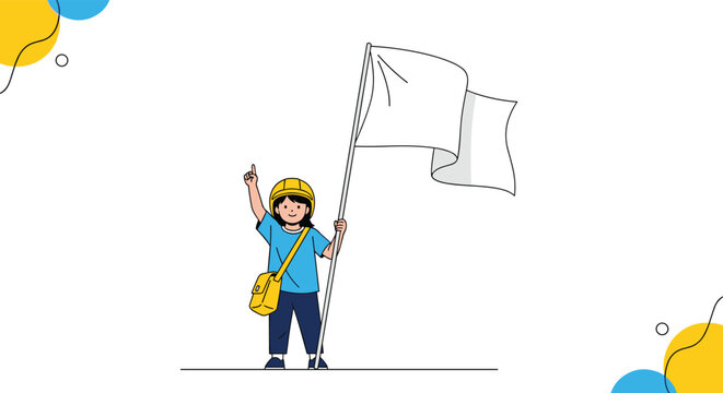 Little girl wearing yellow safety helmet and carrying school bag holding up large white flag and pointing finger in victory or peace.