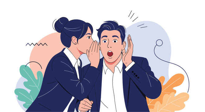 Businesswoman whispering secret information or gossip into shocked colleague ear during work break or office meeting in corporate setting.
