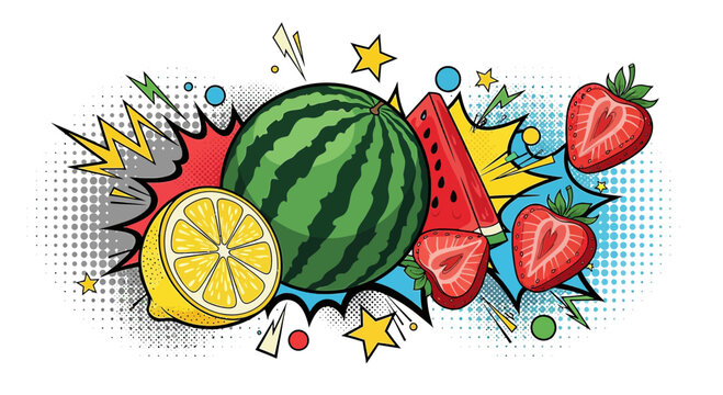 Vibrant Summer Fruits in Pop Art Style: Watermelon, Strawberry, Lemon
