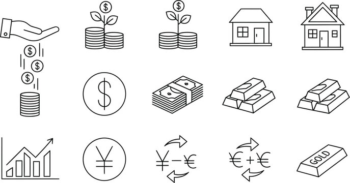 Financial icons set with money, gold, and houses