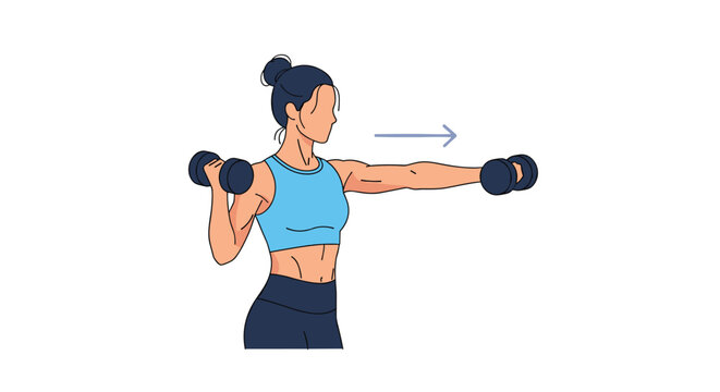 Fit woman in blue activewear performing lateral raises with dumbbells to strengthen her shoulders during a fitness workout session.