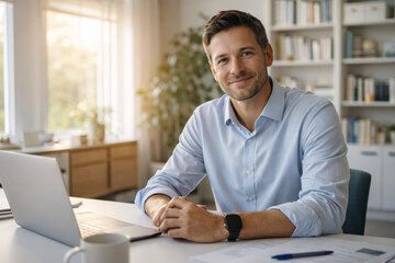 Obraz premium Confident man smiling at camera in modern workspace setting