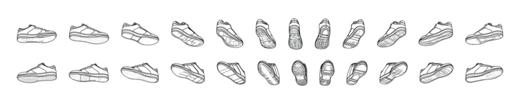 Multi-view sneaker rear reference sheet featuring multiple back-angle and rear perspective views in clean vector outline style. Designed for footwear design, product development, concept art.