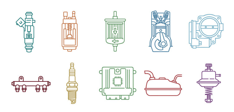 Automotive engine parts and car components collection featuring various essential vehicle mechanisms in colorful outline icons for repair and maintenance concepts.