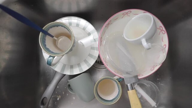 Cleaning dishes in a kitchen sink filled with water