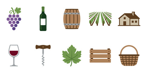 Fototapeta premium Essential wine production icons set includes grapes, bottle, barrel, vineyard, and glass elements, perfect for illustrating the complete winemaking process.
