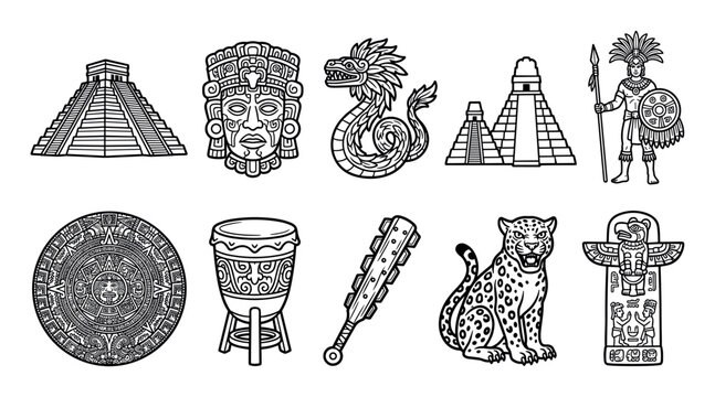 Ancient Mesoamerican symbols, artifacts, and cultural elements are depicted in a detailed black and white line art illustration set representing historical civilization.