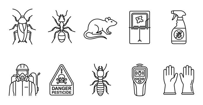 Pest control icons and symbols representing various insects, rodents, and extermination tools for professional and home use in a clean line art style.