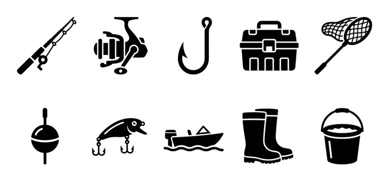 Fishing equipment and angling icon collection featuring fishing rod spinning reel fish hook tackle box landing net float lure boat rubber boots and bait bucket