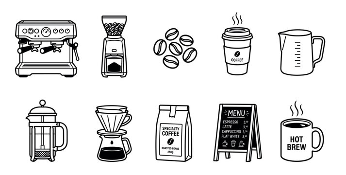 Coffee making equipment, beans, and beverage icons depicting various elements of the brewing process and cafe experience in a clean, minimalist line art style.