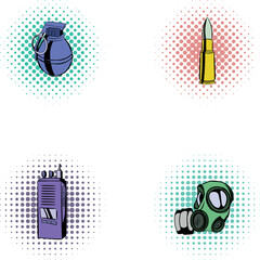 Obraz premium Military equipment and weapon icons including grenade, bullet, radio, and gas mask on halftone dots